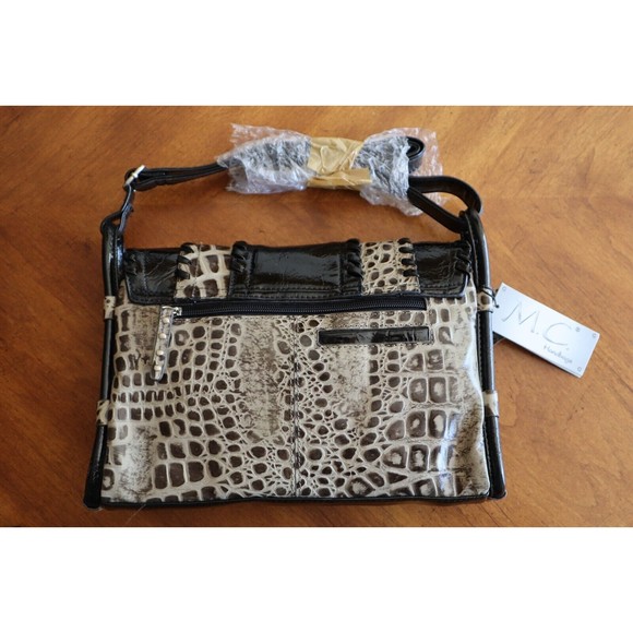 M.C. Patent Leather Blk Gray Faux Gator Print Purse Multiple Compartments Tassel - Picture 2 of 16